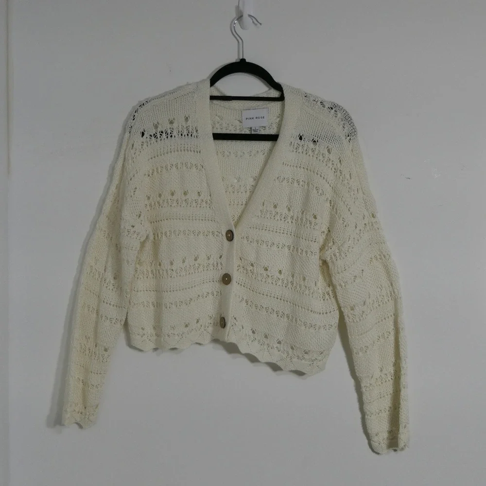 Pink Rose Womens Cardigan L Cream Boho Crochet Pointelle Scalloped PS5S44430